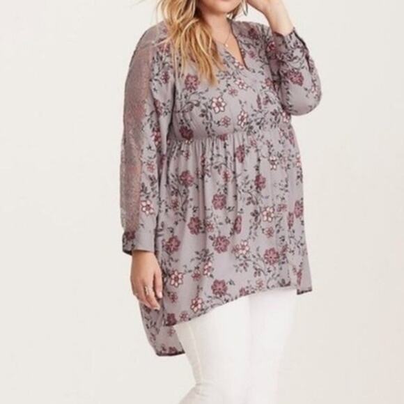 Torrid Floral Babydoll Lace Tunic Semi Blouse Shirt Top Hi Lo Size 00X (10) - Picture 1 of 15